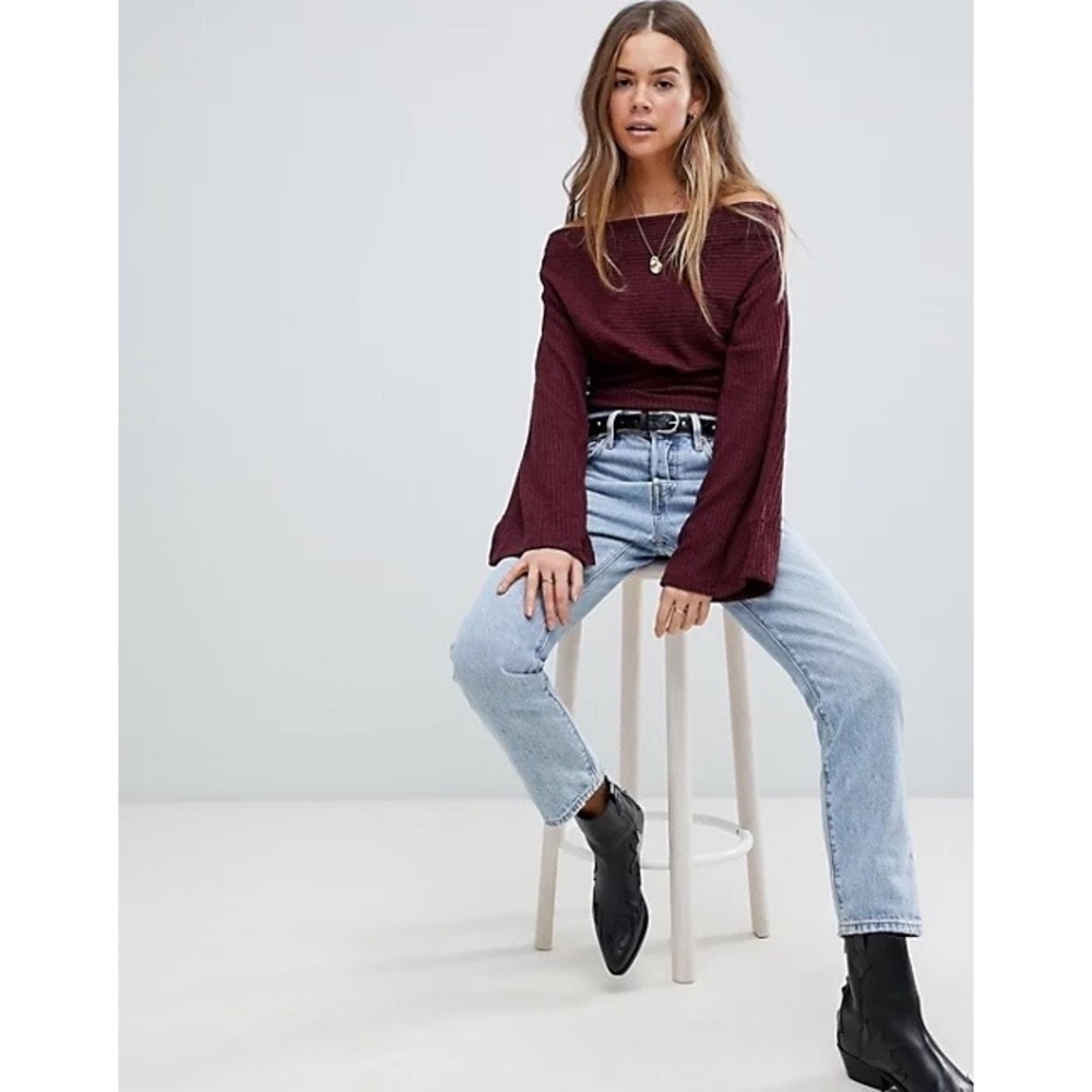 We The Free / Free People Crazy On You Thermal Knit Off Shoulder Sweater in Wine - Picture 4 of 12